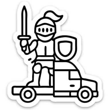 Make Casper the knight smaller, about the same size as the white semi truck, outlined icon style, keep transparent background. sticker