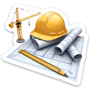 An icon featuring blueprints, a compass, and a construction helmet, symbolizing architecture and construction. The design includes building structures, cranes, and a ruler, representing the design and creation of buildings and urban planning. Transparent background. sticker