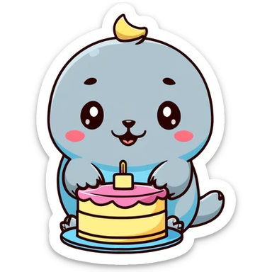 cutie baby seal balancing cake on head with laughing face sticker