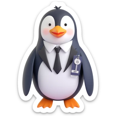 a friendly penguin dressed as a Mormon missionary, wearing a white shirt, black tie, and name tag, standing upright, simple background sticker
