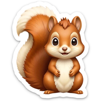 Cinematic Cute Squirrel Portrait Emoji, Head tilted playfully and inquisitively, featuring a fluffy, vibrant auburn Fur with a delicate cream belly and a bushy tail, round, sparkling eyes filled with curious mischief, Simplified yet irresistibly adorable features, highly detailed, glowing with a warm, friendly glow, high shine, affectionate and lively, stylized with a touch of woodland whimsy, bright and endearing, soft glowing outline, capturing the essence of a mischievous yet loving squirrel, so playful it feels like it could leap out of the screen and into your arms! sticker