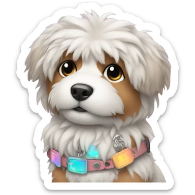 Fluffy dog with tattoos and holographic harness sticker