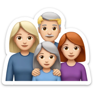Family emoji showing a family of five. Father has grey hair, mother has mixed grey/brown hair, three daughters with blonde, brunette and redhead hair colors. sticker