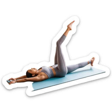 A person performing a Pilates exercise on a mat in a clean, modern studio. The focus is on core strength and flexibility, with a neutral, calming color palette. Simple equipment like a reformer machine and a soft, tranquil background enhance the feeling of controlled movement and focus. sticker