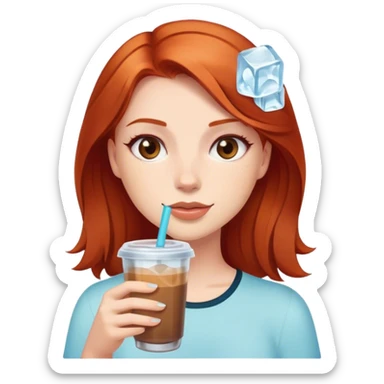 redhead girl with brown eyes and a ice coffee with ices  sticker
