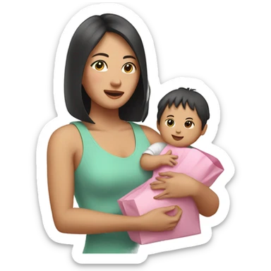 An Asian woman with a baby in her arms, holding a pink package sticker