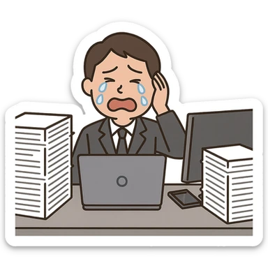 businessperson overwhelmed with work, crying at workstation, piles of documents, digital workspace, emotional expression sticker
