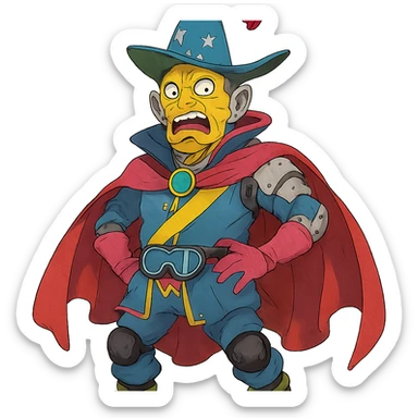 yellow guy with even more extravagant outfit, more dramatic mix of prince, alien, terminator, skater, skiier, and wizard, making a weird face, stylish and fabulous, ghibli style sticker
