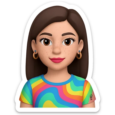 Change the skin to white, add freckles on the cheeks and nose, and ensure the hair is straight, keeping the rest the same. The subject is a female Memoji with an oval face, elegant makeup, long dark brown hair, colorful top, and a small visible tattoo on the arm. Maintain the transparent background. sticker
