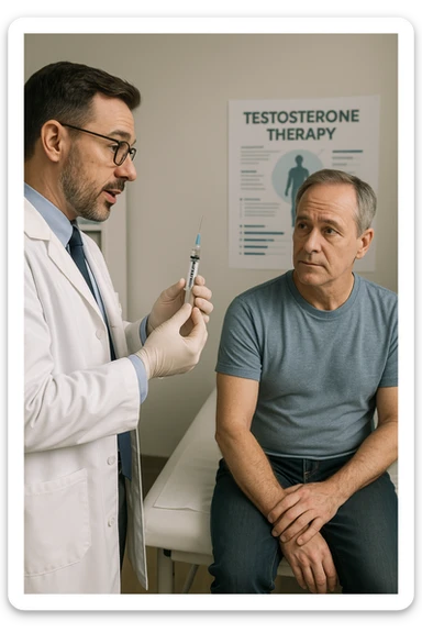 a doctor in a white coat prepares a syringe labeled “Testosterone” while a middle-aged man sits calmly on the examination table, sleeve rolled up and looking slightly apprehensive but trusting. The doctor explains the procedure, and a medical chart about testosterone therapy is visible in the background. The mood is professional and reassuring. sticker