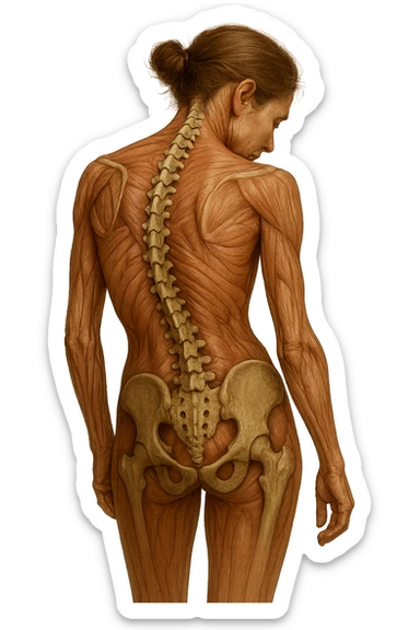 donna di spalle con spina dorsale in evidenza, postura storta, spalle chiuse in avanti, iperrealistica 4k sticker