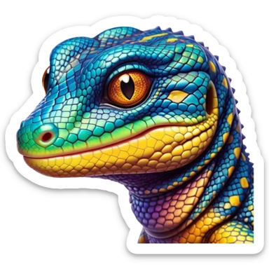 Cinematic Cute Monitor Lizard Portrait Emoji, Head tilted playfully and inquisitively, with a sleek, patterned body accented by vibrant hues and round, sparkling eyes full of wonder, Simplified yet irresistibly adorable features, highly detailed, glowing with a warm, friendly glow, high shine, affectionate and lively, stylized with a touch of exotic charm, bright and endearing, soft glowing outline, capturing the essence of a mischievous yet captivating lizard that seems as if it could scuttle out of the screen into your arms! sticker