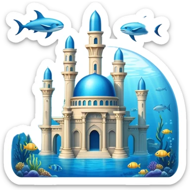 Simple Atlantis underwater city, basic dome buildings, small pillars, blue water sticker