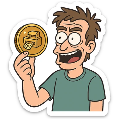 shiny coin with a miniature money printer illustration in the center, cartoon style sticker