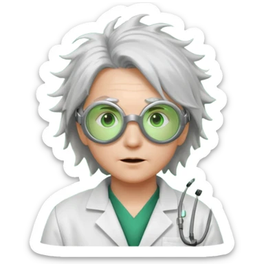 Appearance: Wild silver hair crackling with static electricity, goggles with flickering green lenses, lab coat with glowing circuit patterns.
Vibe: A time-bending genius obsessed with harnessing electricity and temporal flux. sticker