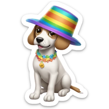 Dog swimming wearing a rainbow hat and dress sticker