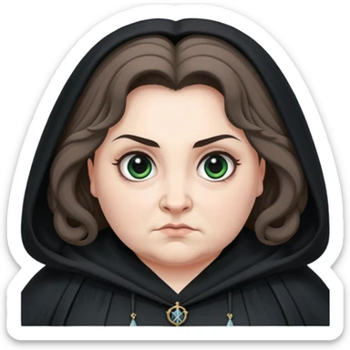 Alecto Carrow in harry potter, a woman fat, knot tied hair, look evil, black cloak sticker