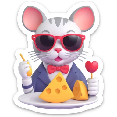 cool cat with sunglasses eating a mouse, 3D emoji style sticker