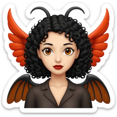 A woman with a curly black hair meeting mothman sticker