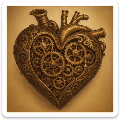 steampunk heart with intricate gears, brass and copper, Victorian mechanical style, detailed and ornate sticker