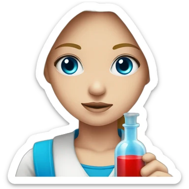 Girl with blond hair and blue eye take red vial sticker