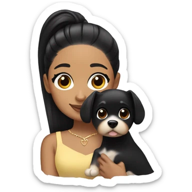 Ariana grande with black hair holding a dog sticker