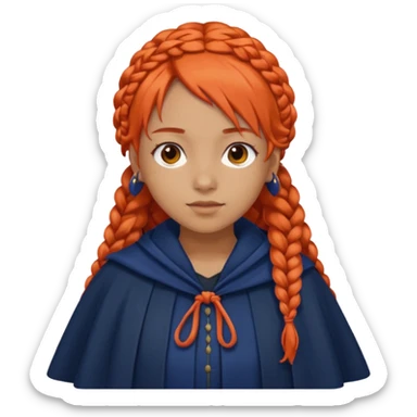 red orange braids hair girl, tan skin, fat, wear navy cloak sticker