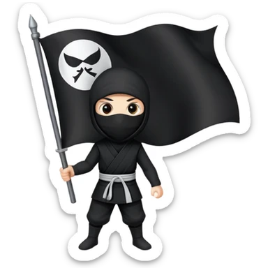 A ninja with black clothes holding a black flag with a white circle in the middle of the flag sticker