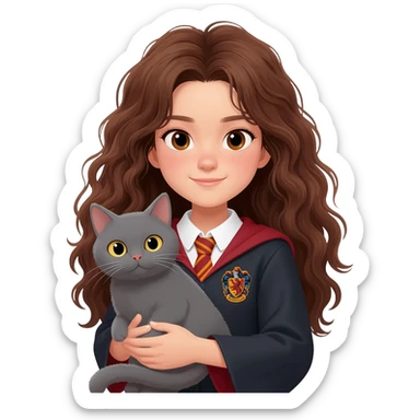 asian ravenclaw girl students with long brown messy wavy hair and brown eyes, holding a gray cat sticker