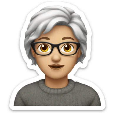 White woman, brown hair, gray sweater, glasses sticker