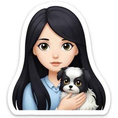 A white yorkshire being held by a girl with long black hair and black eyes. sticker