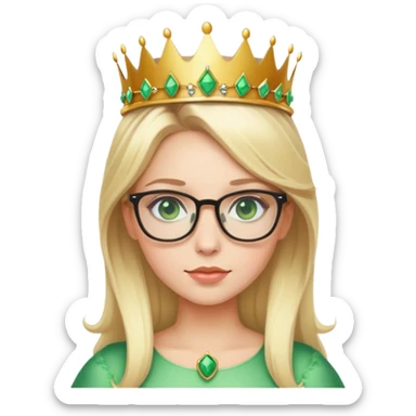 beautiful princess with blonde hair, striking green eyes, wearing glasses and a crown sticker