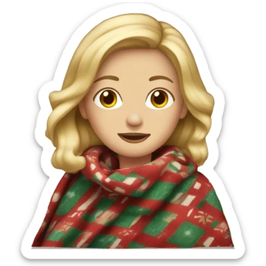 white female, long dirty blonde hair, wearing a patterned christmas blanket sticker