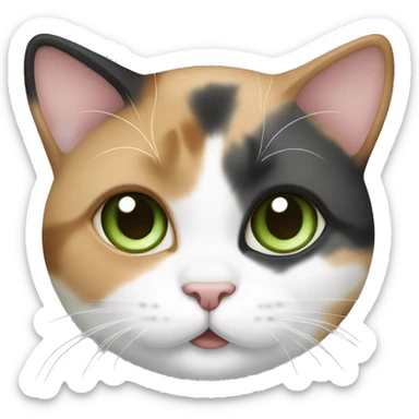 a chubby calico cat with tan, grey, and white markings and green eyes sticker
