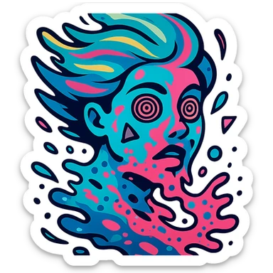 surreal portrait, neon turquoise and electric pink skin, face melting into swirling paint particles, hair as liquid aurora, spiral eyes, geometric shapes on face, dynamic movement sticker