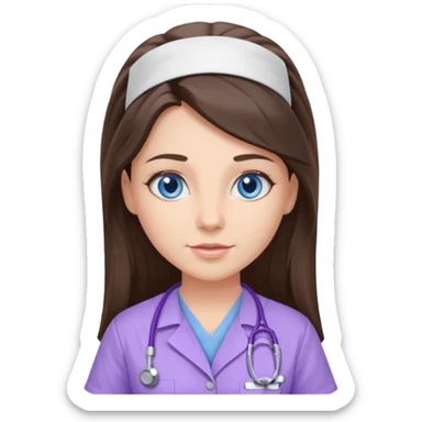 pretty brunette nurse with long hair and blue eyes in lilac scrubs sticker