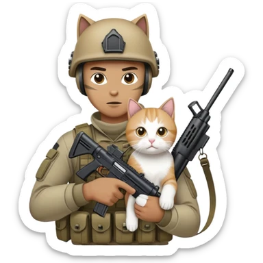 Man in tactical airsoft gear holding a gun in one hand and a white and brown cat in the other hand sticker
