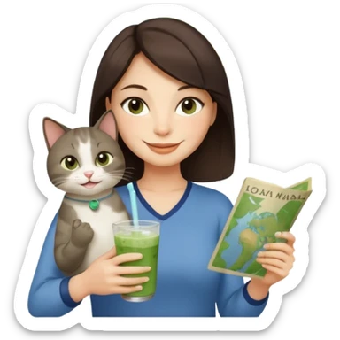 a brunette woman in here 30S drinking an iced matcha, carrying a grey cat and a map of the world sticker