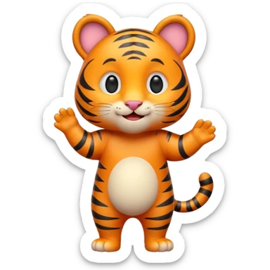Cute tiger emoji, full body, standing pose, smiling face, big round eyes, orange fur with black stripes, chubby and adorable, short legs, small ears, 3D emoji style, smooth shading, bright colors, simple clean design, transparent background sticker