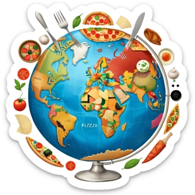 Icon for Gastronomic Tourism: a globe with various cuisines from around the world, such as pizza, sushi, tacos, and pasta, surrounded by food-related travel elements like a fork, knife, and map. Transparent background. sticker
