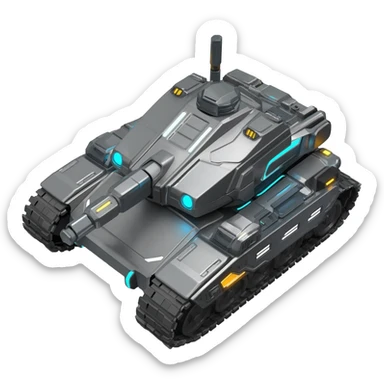 A top down view of a robot with tank tracks, in a cyber punk futuristic style far beyond what is currently available today, from the year 3000 sticker