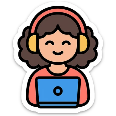 curly hair girl with headphones and a laptop, color outline icon sticker