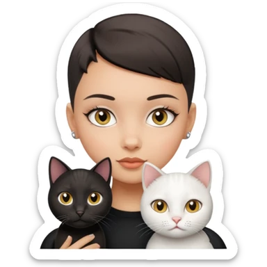 HAZEL EYES , BLACK BUZZ CUT LIGHT SKIN ROUND FACE GIRL with white cat sticker