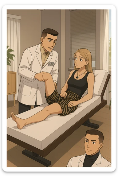 fai un webtoon/manga a colori con questo kinesiologo in camice bianco (fagli la scritta "ANTONIO ANANIA" SUL CAMICE) CHE SVOLGE UN TEST NEUROMUSCOLARE SOLLEVANDO UNA GAMBA ALLA RAGAZZA CHE è STESA SU UN LETTINO BIANCO. STANZA SEMPLICE E MODERNA, DURANTE IL TEST I DUE DIALOGANO TRA LORO. NON FARE I FUMETTI, FAI SOLO LORO COME SE DIALOGASSERO sticker