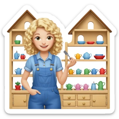 smiling blonde curly woman arranging furniture in doll house with overalls sticker