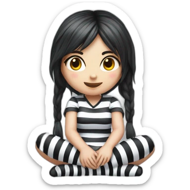 Hyperrealistic Frontal view curvy emo girl sits white skirt striped stockings hands up sticker
