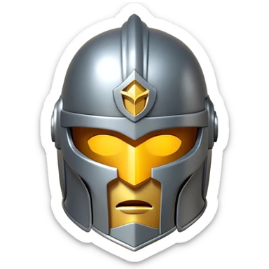 Clash of Clans aesthetic: Cinematic heroic Steel full face Helm Emoji, rendered in a 3D vector-style similar to standard emojis with minimal shading and bold, simplified shapes. A compact, isometric helmet crafted of shining steel with intricate engravings and a protective visor, softly glowing with a noble warrior charm. Simplified yet unmistakably iconic, highly detailed and consistent, glowing with a soft radiant gleam and high polish. Stylized with a touch of chivalric tradition and a soft glowing outline, capturing the essence of a stalwart battle helm with a friendly, playful manner! sticker