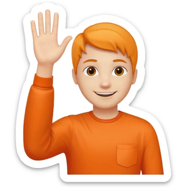 say hi with arm and hand. clothes with orange sticker