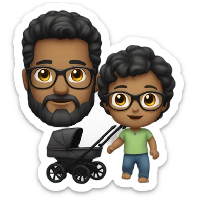 White man with Black hair,  beard and glasses pushing buggy with blonde baby sticker