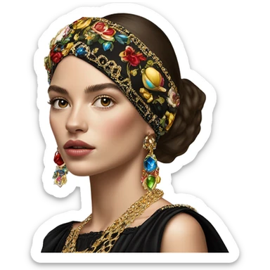 Dolce and Gabbana Italian model in dark dress and headband with colourful ornament and golden detais  sticker
